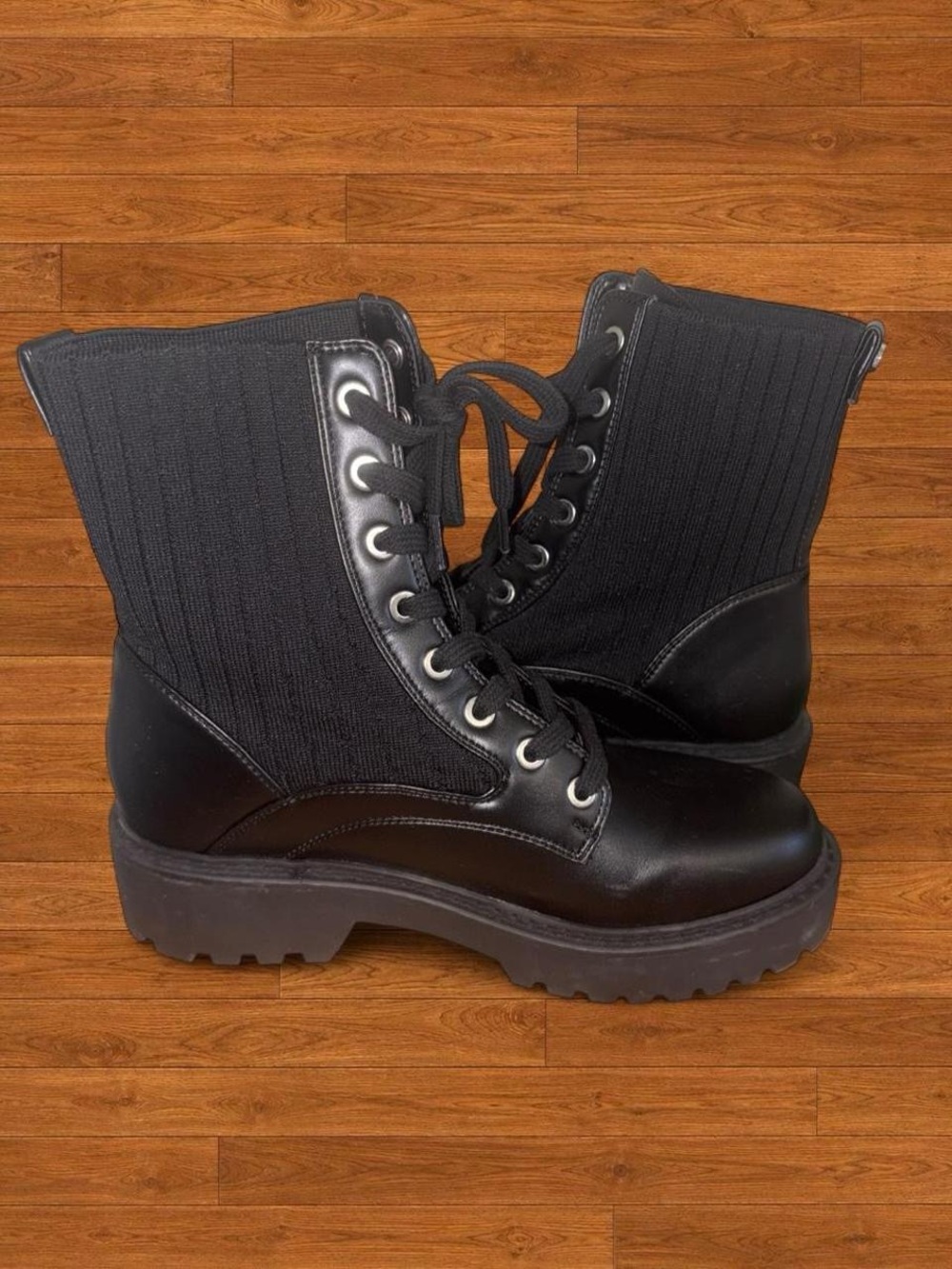 Calvin Klein Black Lace-Up Platform Knit-Panel Combat Boots